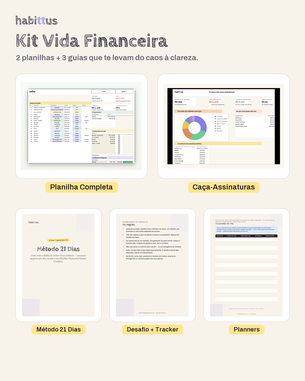 Kit Vida Financeira: 2 planilhas (Completa e Caça-Assinaturas) + 3 guias (Método 21 Dias, Desafio e Planners)