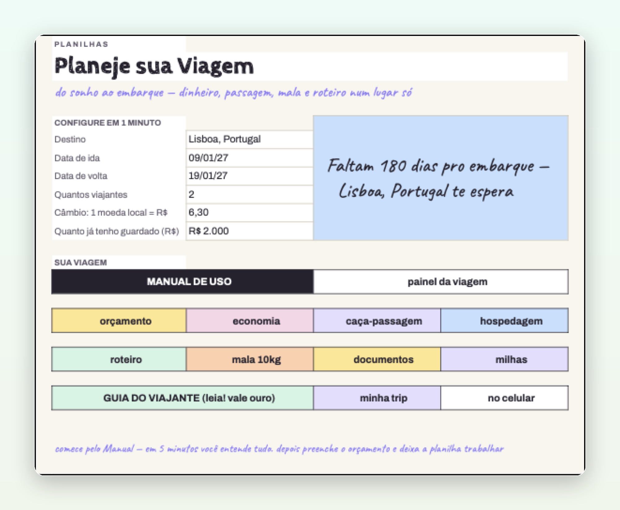 Planeje sua Viagem — comece em 1 minuto com countdown